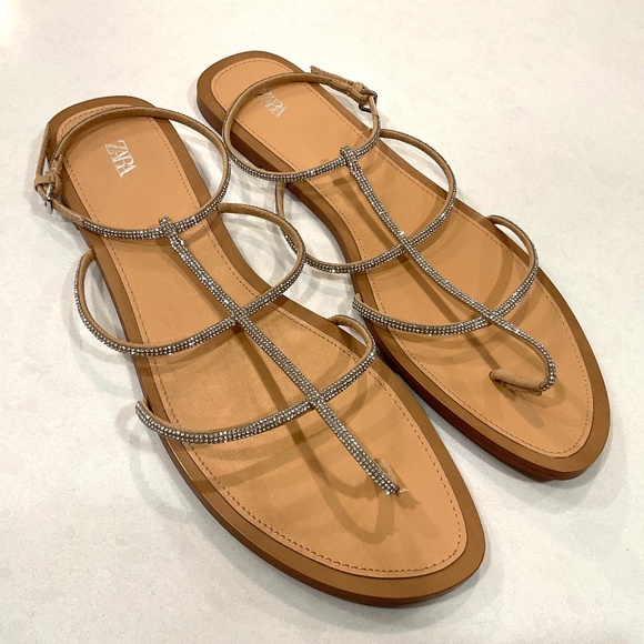 ZARA Flat Rhinestone Ankle Strap Sandals LIKE NEW Size EU 41 - Picture 8 of 8